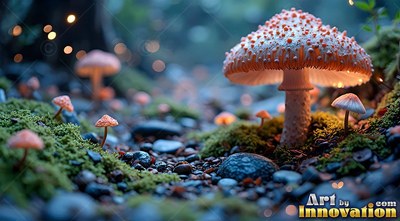 Sprouting upright on a mossy forest floor, small pink mushrooms shine softly