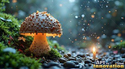 A spotted mushroom shines softly beside a tiny lit candle on mossy ground
