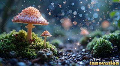 On a dark mossy forest floor, small speckled mushrooms rise under drifting sparks