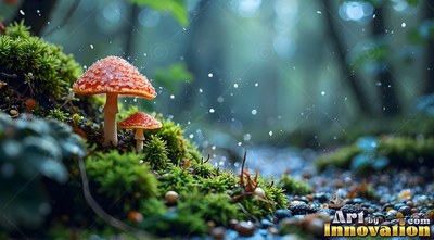 Sprouting from green moss, two orange mushrooms rest in a dim misty forest