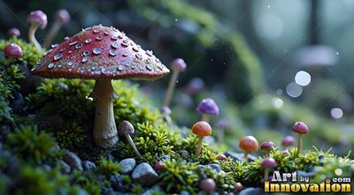 A red speckled mushroom growing on a mossy forest floor