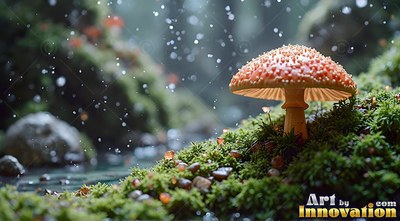 Speckled with pale bumps, a small orange mushroom sits on green moss near a stream in the rain