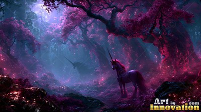 A horned unicorn stands on a dark path under bright pink blossom trees
