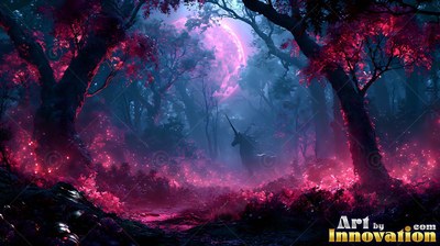 Standing in profile, a unicorn walks through dark woods lit by a pink moon
