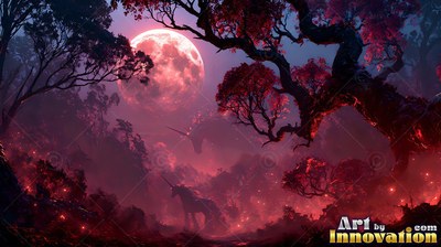 Unicorns walk through a dark pink forest beneath a bright round moon