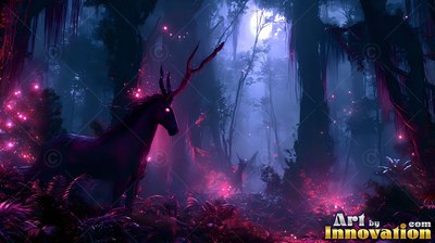 In a dark moonlit forest, a horned deer stands among bright pink ferns