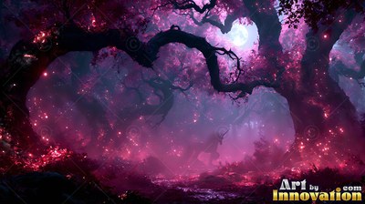 Walking through pink blossoms under a full moon, a unicorn stands in dark woods