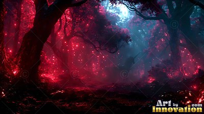 A dense forest filled with red light specks and an unicorn silhouette