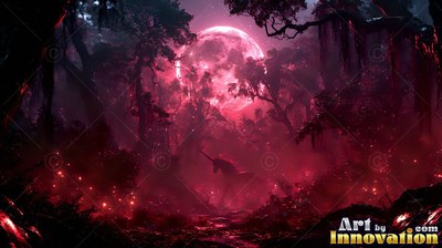 A pointed horn tops the dark unicorn silhouette standing under a full pink moon in deep woods