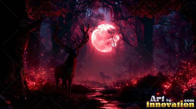 A deer with large antlers stands in a shadowy forest under a bright red shining full moon