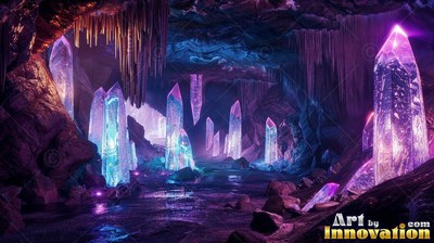 Standing upright inside a dark cave, tall purple and blue crystals shine brightly