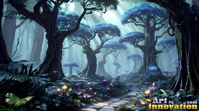 A stone path winds through dark woods with bright blue trees and small lanterns