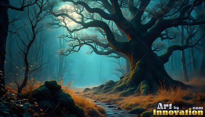 In a misty teal forest, a gnarled old tree spreads wide branches under the moon