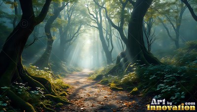 Shining through dense green trees, morning sunlight hits a dirt forest path
