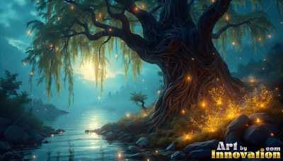 A gnarled willow tree by a river lit by small fireflies