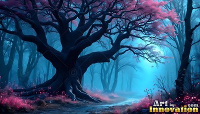 Twisted dark roots anchor a pink blossom tree beside a path in a foggy blue forest
