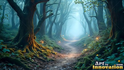 A dirt path winds between mossy trees toward pale blue mist in the distance