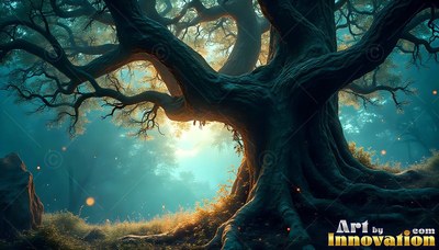 Spreading wide in a teal forest, an old gnarled tree catches warm yellow light