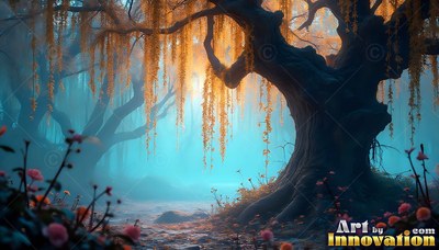 An ancient willow tree with golden hanging leaves stands in a blue misty forest