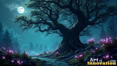 In a misty teal forest, an old twisted tree stands beside pink flowers under a full moon