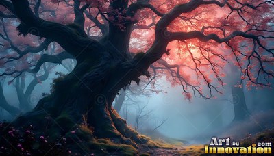 Spreading wide branches, an ancient tree holds pink leaves over misty blue woods
