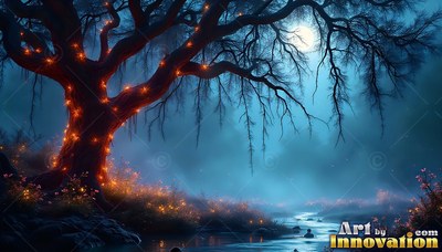 A dark tree covered in tiny orange lights by a blue moonlit stream