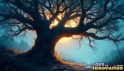 Twisted bare branches of a large tree frame a bright yellow moon in a blue night forest