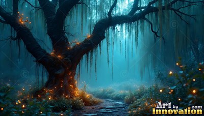 A gnarled willow tree spreads over a stone path under blue mist with warm fireflies