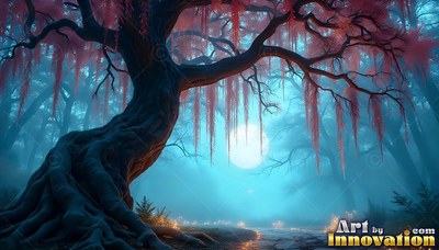 Twisting upward in a foggy blue forest, a dark tree hangs pink leaves before the moon