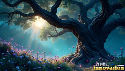 A twisted old tree stands over pink wildflowers under a bright moon