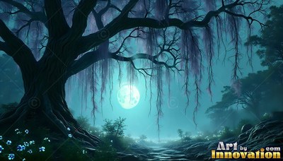 In a misty teal forest, a gnarled willow tree stands before a bright moon