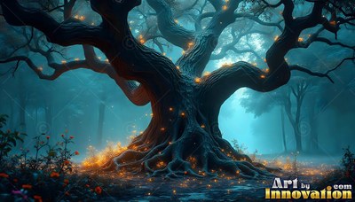 Spreading wide branches, a gnarled tree shines with warm fireflies in a blue misty wood