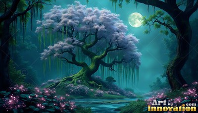 A purple blossom tree sits beside a creek under the full moon