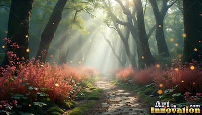 Tall pink shrubs line a winding dirt path under soft sunlight filtering through tall trees