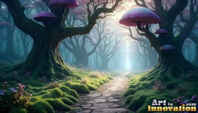 A stone path winds between mossy trees with purple mushroom caps into bright white light