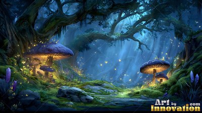 Facing upward in a blue forest, giant purple mushrooms shine under twisted trees