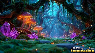 Bright purple crystals and warm mushrooms line a mossy path in a dim forest