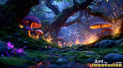 In a dark night forest, large purple and orange mushrooms shine beside moss