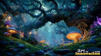 Arching over a mossy path, gnarled trees shelter bright mushrooms in teal night mist