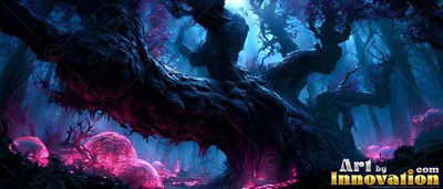 Gnarled dark tree trunk over bright pink domes in blue mist