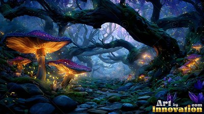 Bright orange undersides light large purple mushrooms along a rocky path in dark woods