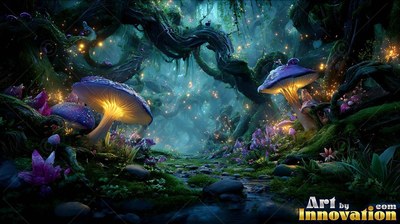 Tilted toward each other in a shadowy forest, two large purple mushrooms shine