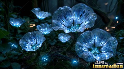 In a dark forest, bright blue translucent flowers bloom from the moss
