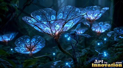 Opening into the dark woods, blue translucent flowers shine beside tiny insects