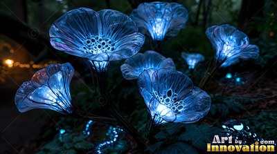 Blue glass flowers lit from within in a dark woods