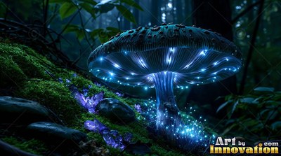 Bright blue gills line a wide mushroom cap resting on a dark mossy hill at night