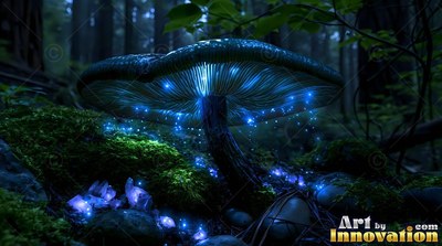 A dark mushroom rises from mossy rocks, lit from below with bright blue specks