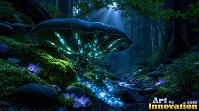 Tilted slightly, a wide dark mushroom shines blue along a dim forest floor