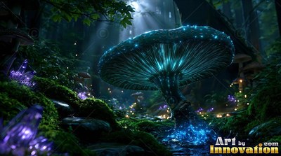 A wide blue mushroom shines on the dark mossy forest floor next to purple crystals