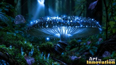 In a dark forest, a broad blue mushroom shines over green moss and crystals